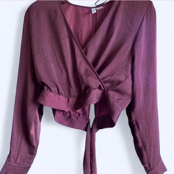 H&M Womens Burgundy Long Sleeve V-Neck Wrap Front Holiday Party Top Blouse 6 - Picture 3 of 9